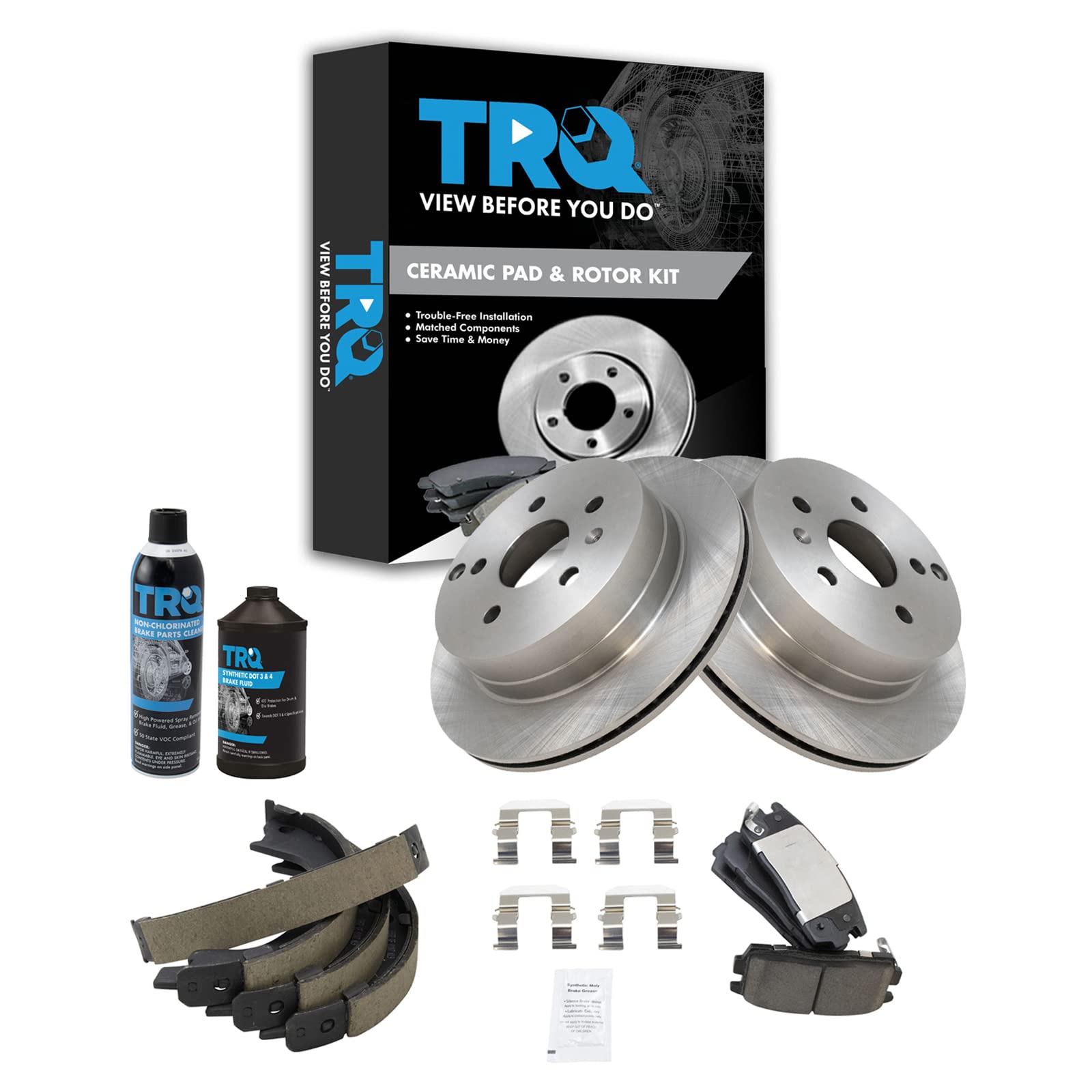 TRQ Rear Brake Pad &amp; Rotor Kit, with Chemical Kit Parking Brake Shoe Set Ceramic Compatible with 2010-2017 Chevrolet Equinox GMC Terrain