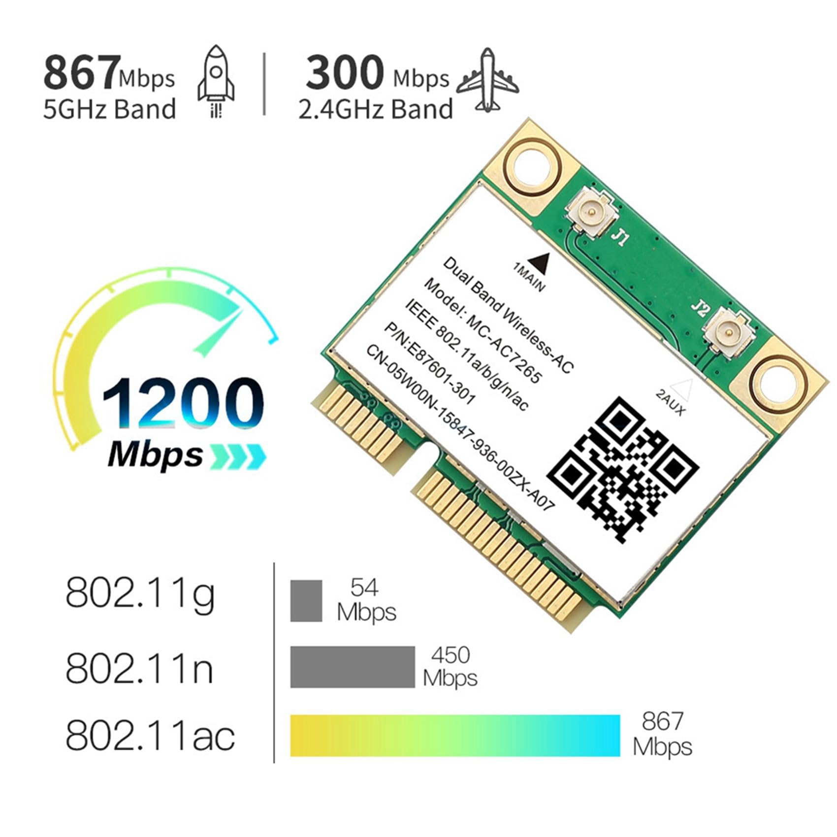 10X Scheda di Rete Wireless Bluetooth 4.2 PCI-e da 1200 Mbps -AC7265 Scheda di Rete Wireless 7265 802.11ac 2.4G 5Ghz per Laptop 7260HMW