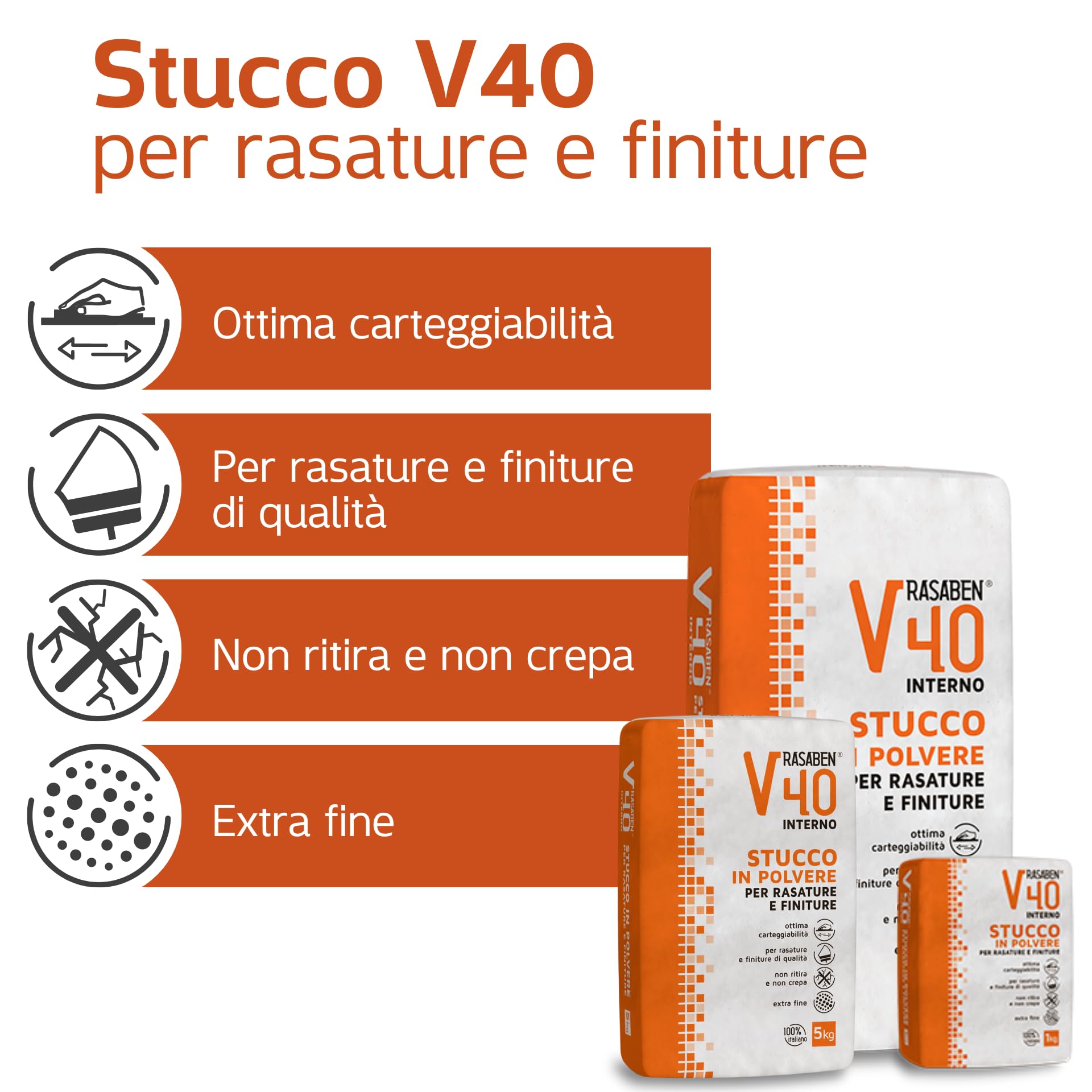 RASABEN - Stucco in Polvere V40 Extra Fine a Base di Gesso per Rasature e Finiture, Ottima Carteggiabilità, Non Ritira o Crepa, per Muri Interni e Cartongesso, Made in Italy, Sacco da 20kg
