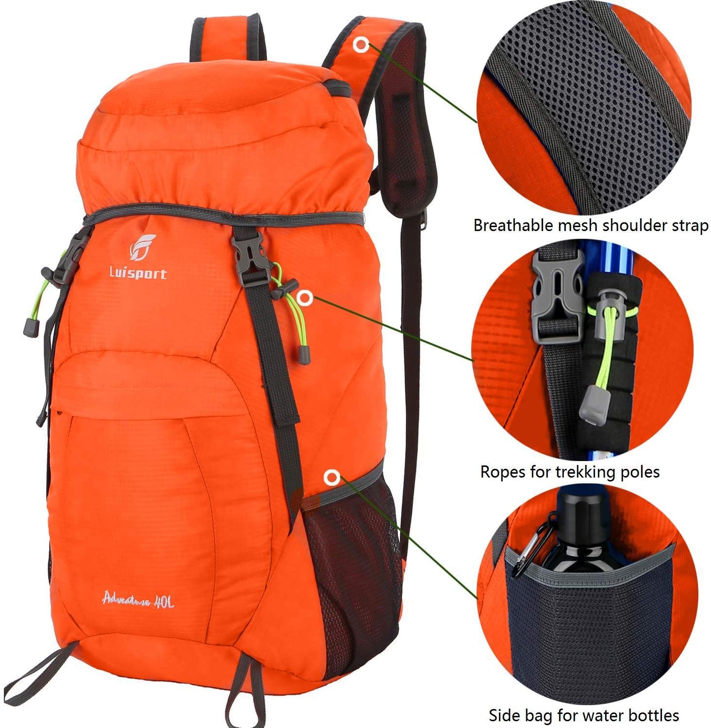 Luisport 40L Foldable Backpack Waterproof Packable Hiking Backpack Hike Backpack Camping Camp Backpack (Orange)