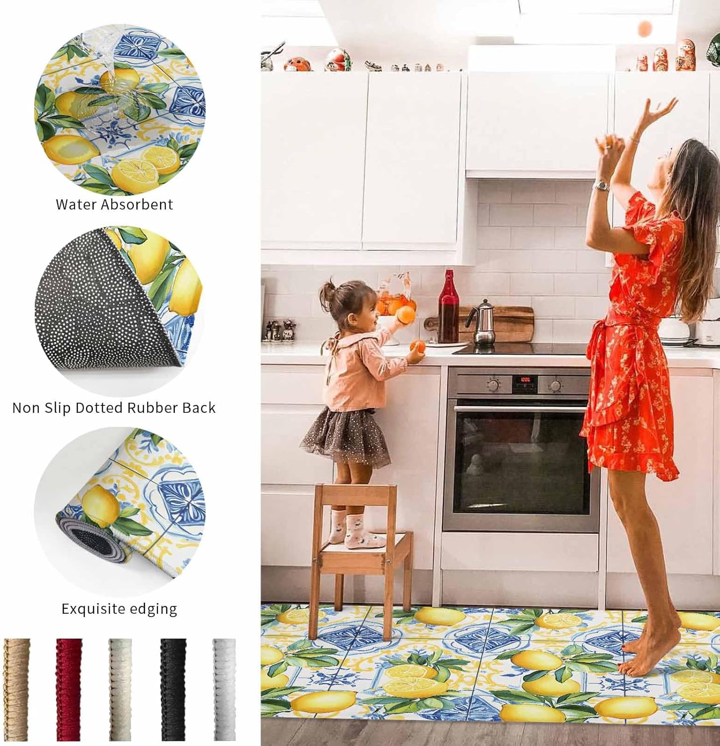 2 Pieces Kitchen Rugs and Mats,Summer Watercolor Lemon Green Leaf Area Runner Rug Set Non Slip Floor Doormat Washable Carpet Standing Mat for Kitchen Sink Indoor Corridor,Retro Blue Yellow Tiles