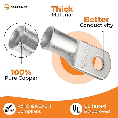 Miniatura 278 de SELTERM - Terminal en anillo de grado marino UL 2/0 AWG 3/8 pulgadas (25 uds) para batería, terminal tubular de cable eléctrico, conector calibre