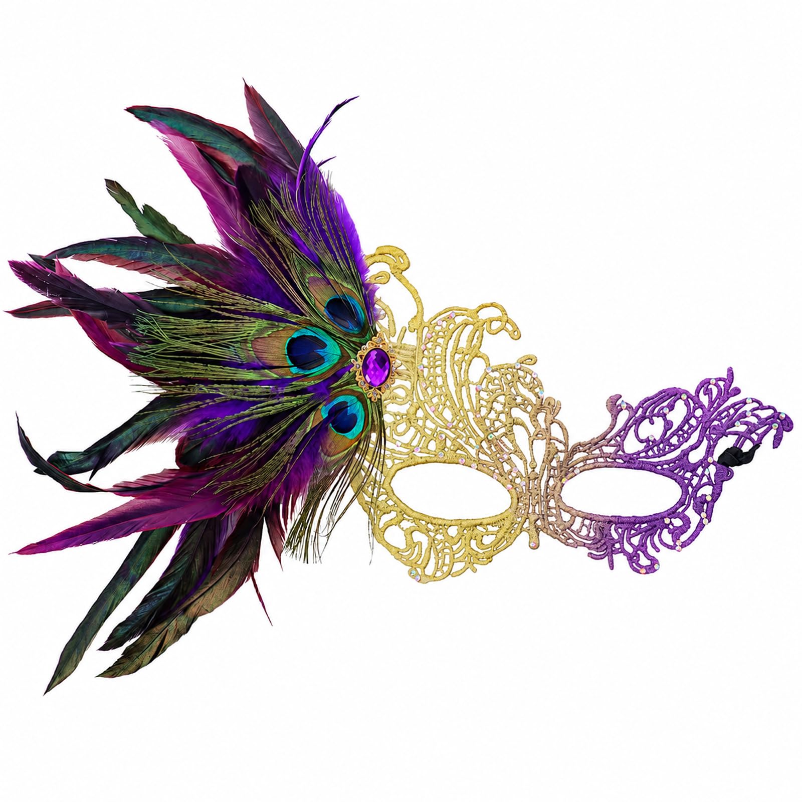 Women's Lace & Rhinestone Half Face Masquerade Mask, Detachable Feather