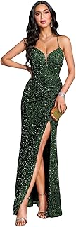 Sequin V Neck Spaghetti Strap Prom Dress with Slit Mermaid Tight Evening Formal Party Gown for Women - Buy now