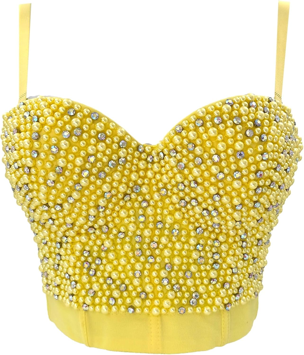 ELLACCI Sexy Pearls Beaded Rhinestone Bustier Crop Top Push up Corset Top with Detachable Straps Yellow