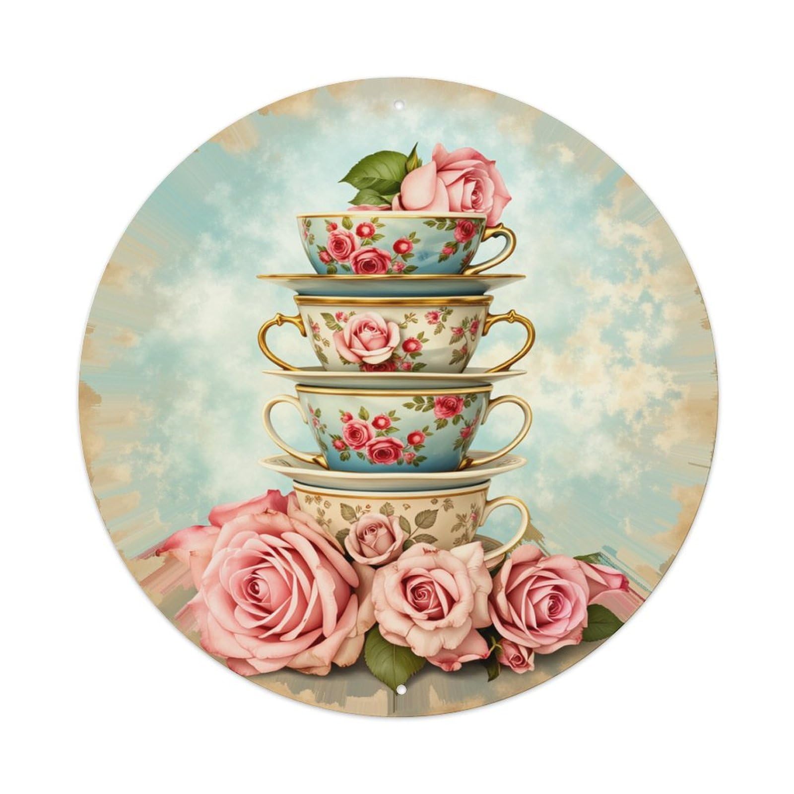 Floral Rose Pattern Teacup Stack Round Tin Sign Retro Metal Sign for Cafe Bar Pub Home Game Room Gym Club Wall Decoration Vintage Metal Poster 8x8 Inch