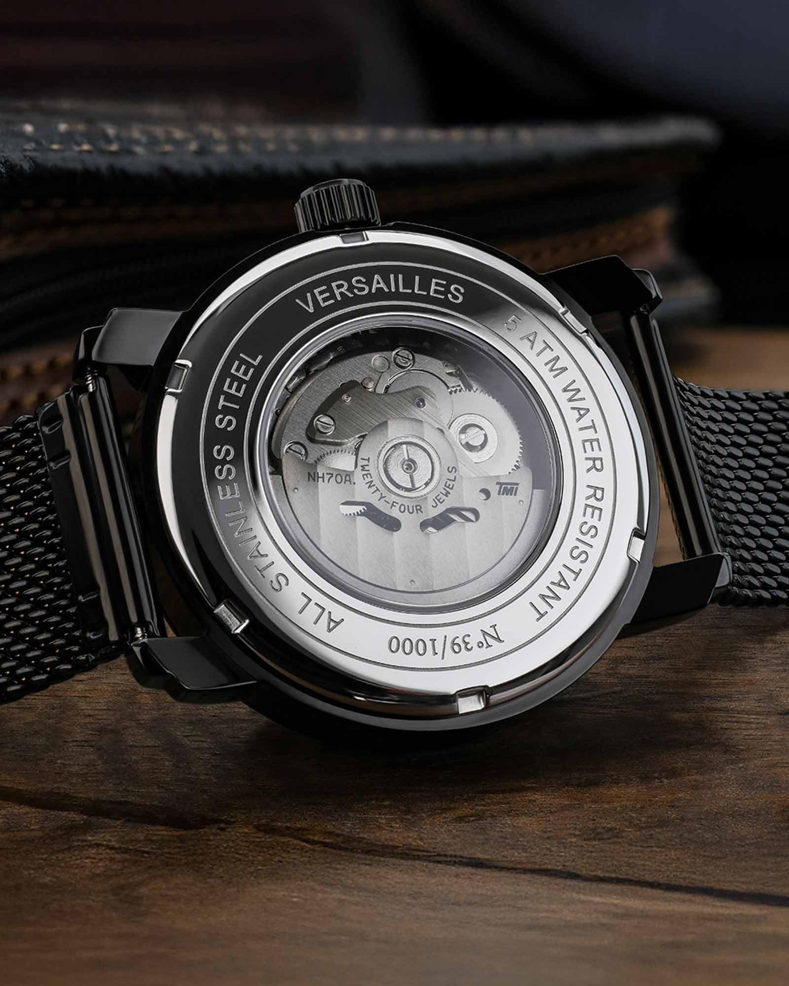 LOUIS XVI Versailles 2.0 Automatik 1932 - Ø 43.5 mm - Herren Uhr - Wasserdicht - Skelettuhr - Armband Schwarz - Zifferblatt Gold – Automatikuhr