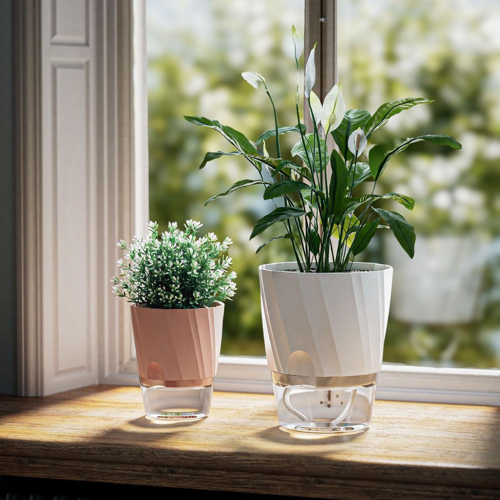 Lot de 3 pots à arrosage automatique avec trou de drainage - Réservoir transparent - Pour intérieur et extérieur - Avec soucoupe - Avec corde de mèche