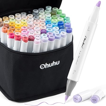 Amazon Ohuhu イラストマーカー 筆タイプ 80色 パステルカラー 筆 太字 薄色マーカーペン 日本の伝統色 基本色 濃淡色 アルコール系 ブレンダーペン付き アートマーカー 文房具 オフィス用品