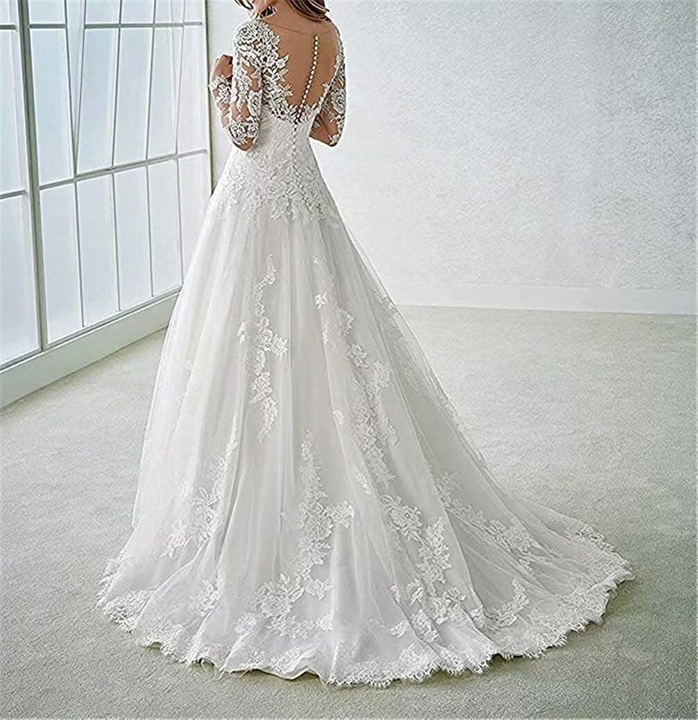 Women's V-Neck Lace Bridal Ball Gowns with Train Mermaid Wedding Dresses for Bride Long Sleeve