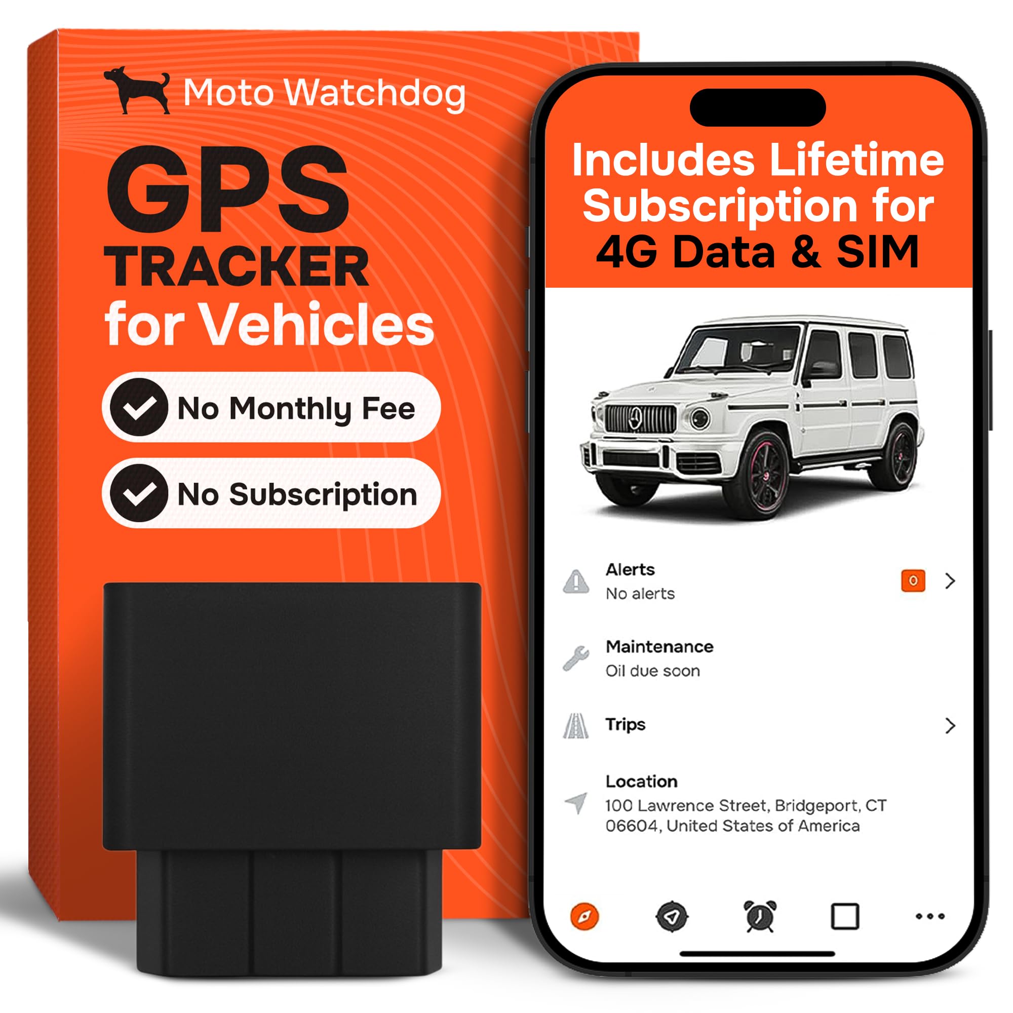 GPS Tracker for Vehicles, No Subscription with Real-Time Location, Mileage Tracking, Speeding Monitoring, Route History, Geofence, OBD, for Fleets & Families, USA, Moto Watchdog