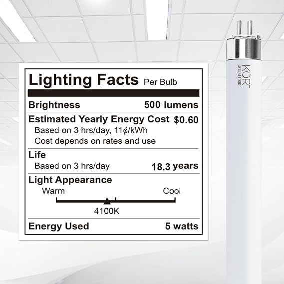 KOR F8T5/CW T5 LED Tube Light Bulbs, 12-Inch, 5W, 500 Lumens, 4-Pack