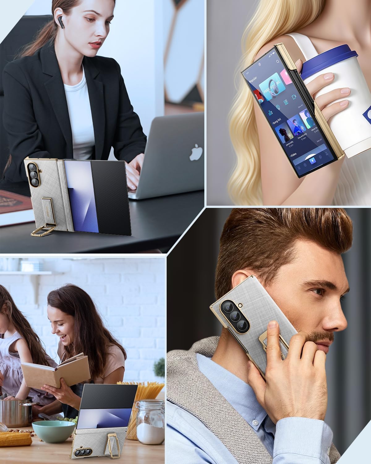 OATSBASF Grip for Samsung Galaxy Z Trifold Phone Case, with 360° Rotatable Kickstand & Magnetic Wristband, Drop-Proof Leather & Metal Cover, Silver