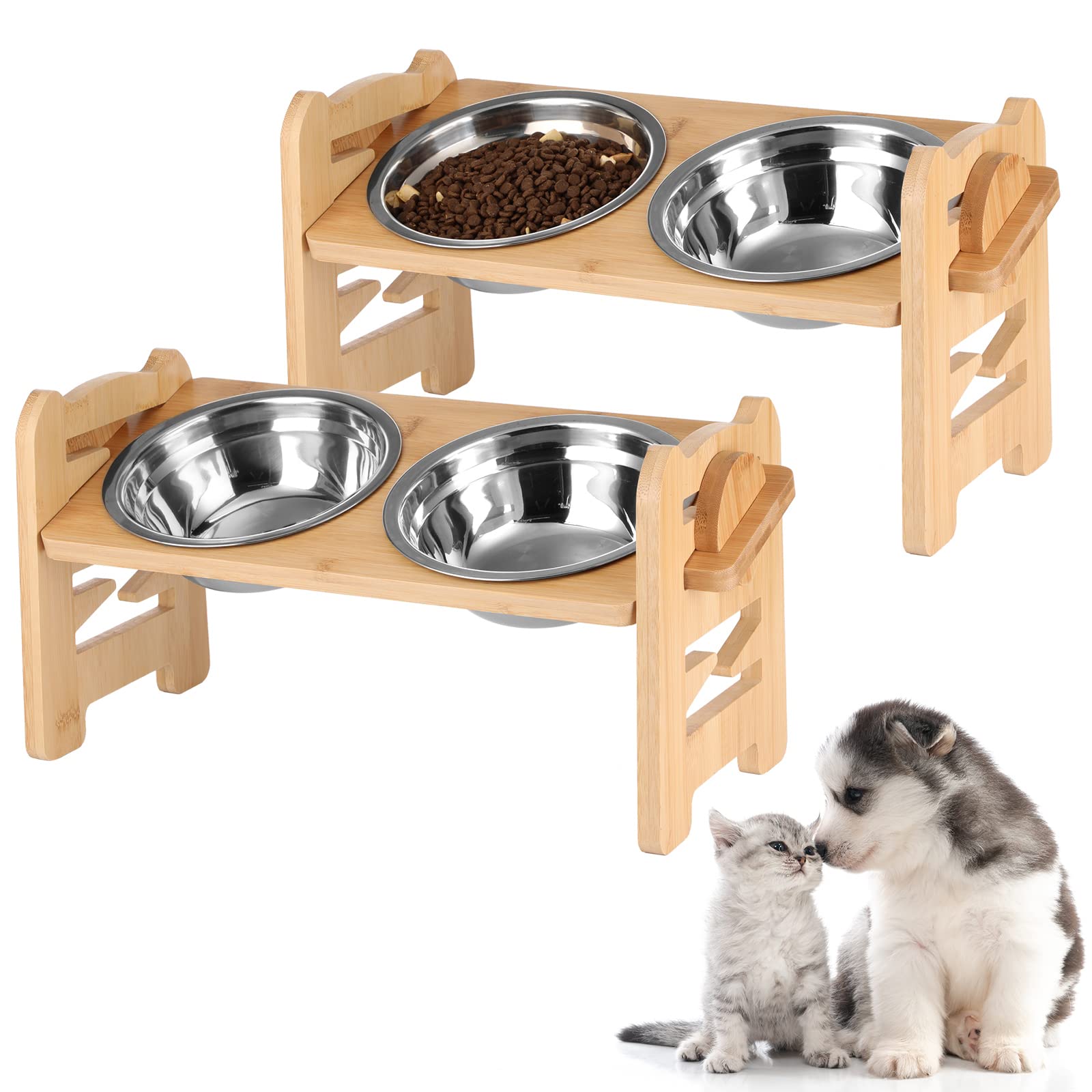 2 Set Elevated Dog Cat Bowls, 15 Tilted Raised Pet Bowl for Puppy and Cats Adjustable Dog Food Feeding Dishes Wood Stand Pet Feeder with Stainless