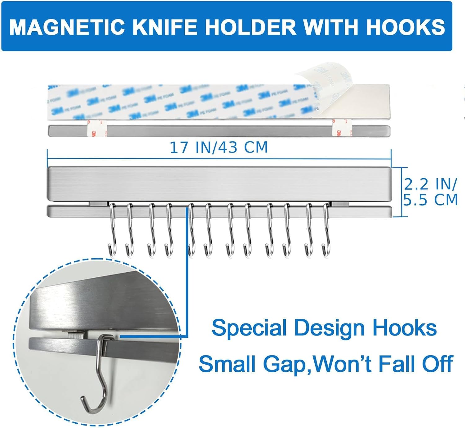17 Inch Magnetic Knife Holder for Wall No Drill/Drill with 12 Hooks-Strong Adhesive Double Bar Knife Magnetic Strip-Kitchen Utensil Holder-304 Stainless Steel Magnetic Knife Block