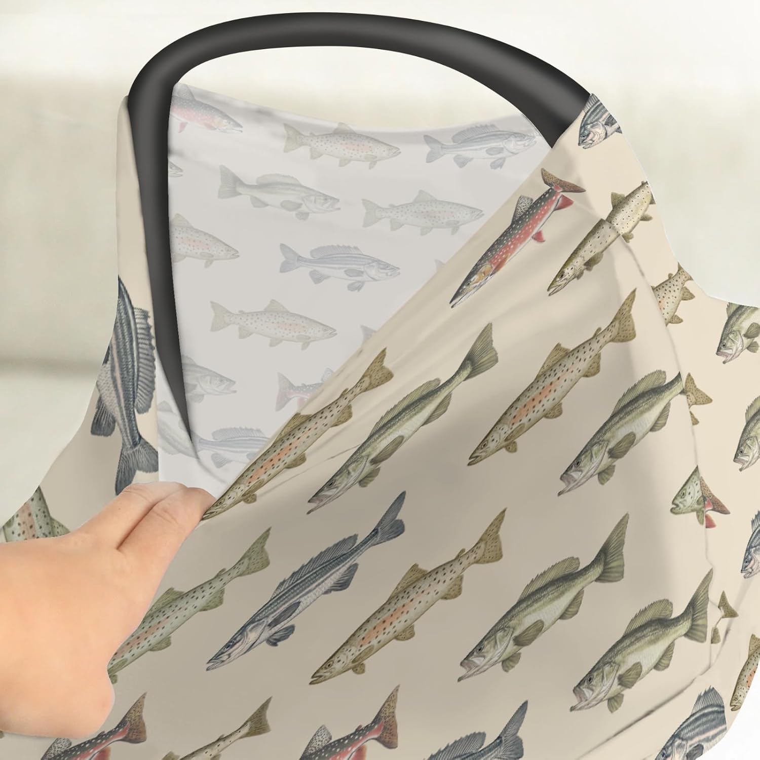 Lake Fishing Car Seat Cover for Baby Freshwater Fishes Stretchy 5-in-1 Covers Adjustable Infant Carseat Canopy Cover Fishing Lover Gift Breathable Nursing Cover-Up