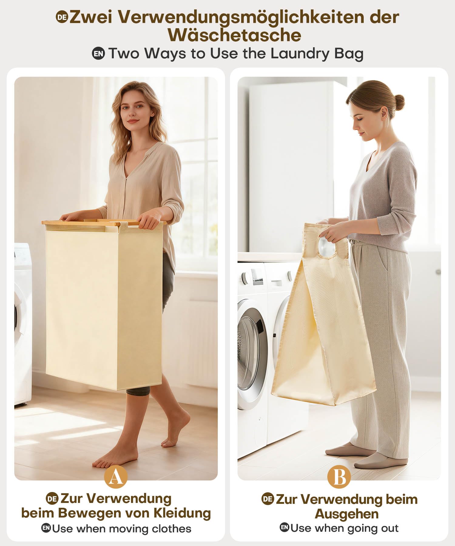 Yorbay Cesto portabiancheria a 3 scomparti, in bambù, 140 l, con ripiano, porta asciugamani e piccole tasche laterali, per bagno, camera da letto e lavanderia, 87 x 41 x 77 cm, beige