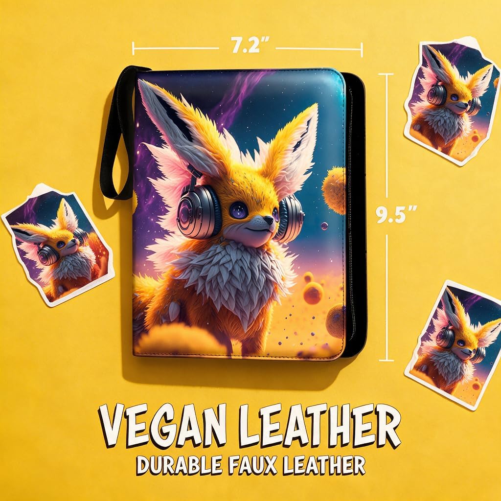 Trading Card Binder,4 Pocket Slots For Cards, 50 Double Sided Sheet,Steady Pockets, Card Albums For Collectibles with Zipper, Fits Standard Size Cards, Creature Designed (Purple & Yellow, Small) image 2