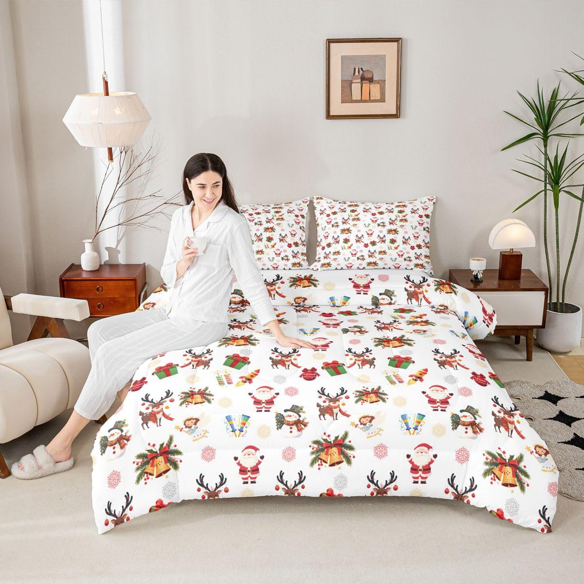 Feelyou Weihnachts-Bettwäsche-Set für Kinder, niedlicher Schneemann, Weihnachtsmann, für Jungen und Mädchen, niedliches Rentier, Weihnachtsglocken, Cartoon-Design, Quilt-Kollektion, 2-teilig,