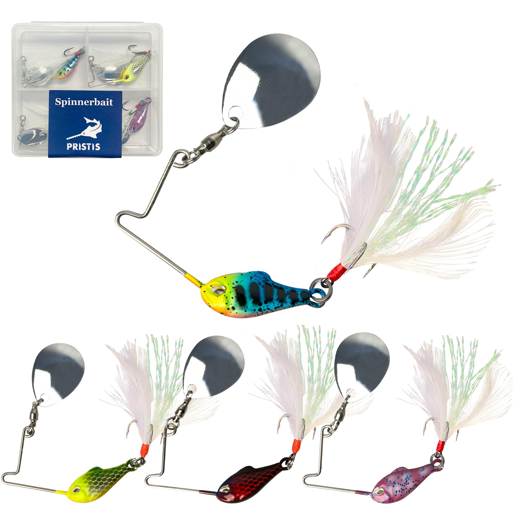 Pristis 4 pcs Spinnerbait Fishing Lures, Spoon Rig Lures, Blade Spinner Baits with Treble Hook, Slow Sinking Swimbait Metal Jig Kit for Freshwater