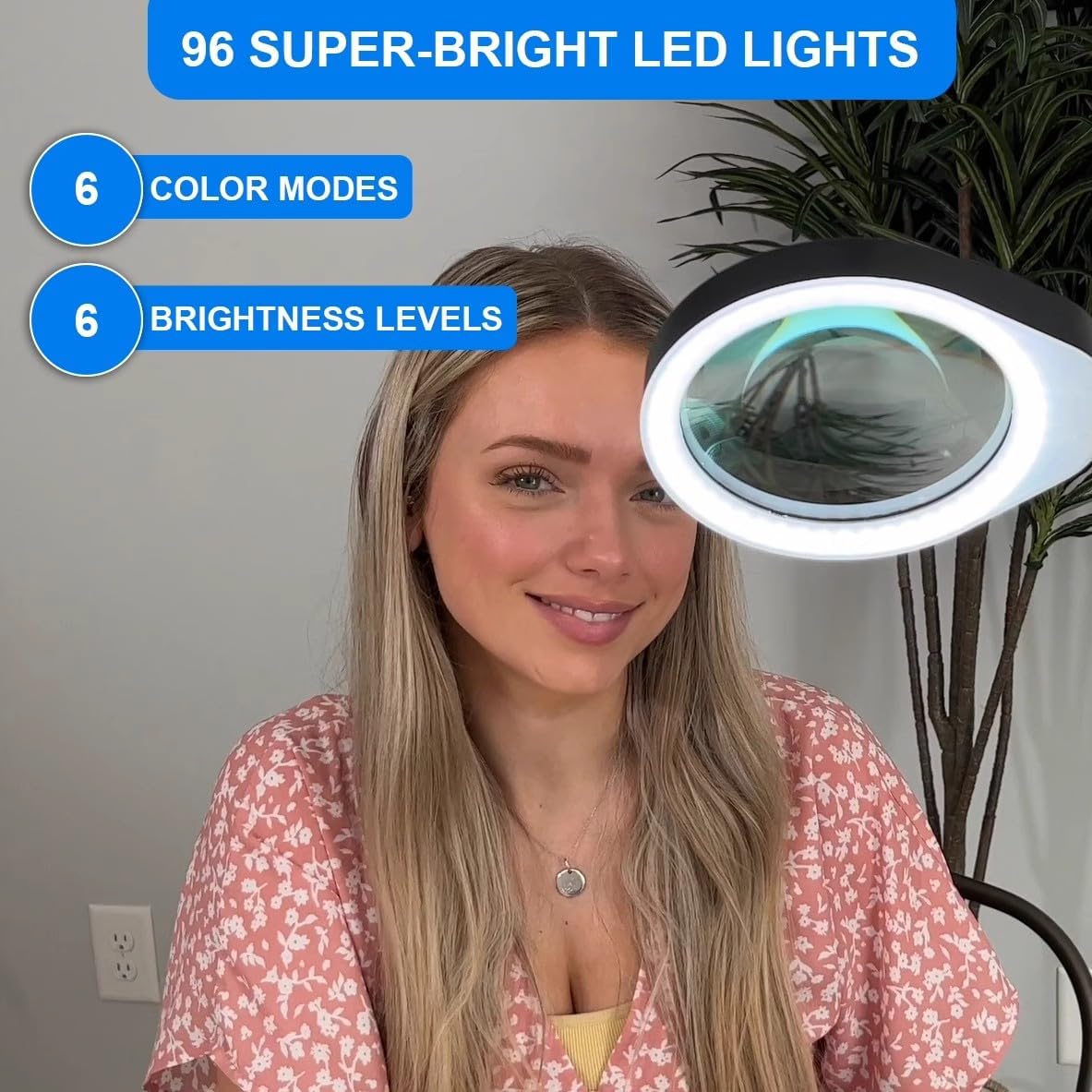 YOCTOSUN 10X Magnifying Glass Lamp with 6 Color Modes Stepless Dimmable, 96 LEDs and 5" Real Glass Lens, Adjustable Swivel Arm Desk Magnifier with Light and Stand for Crafts Hobby Close Work