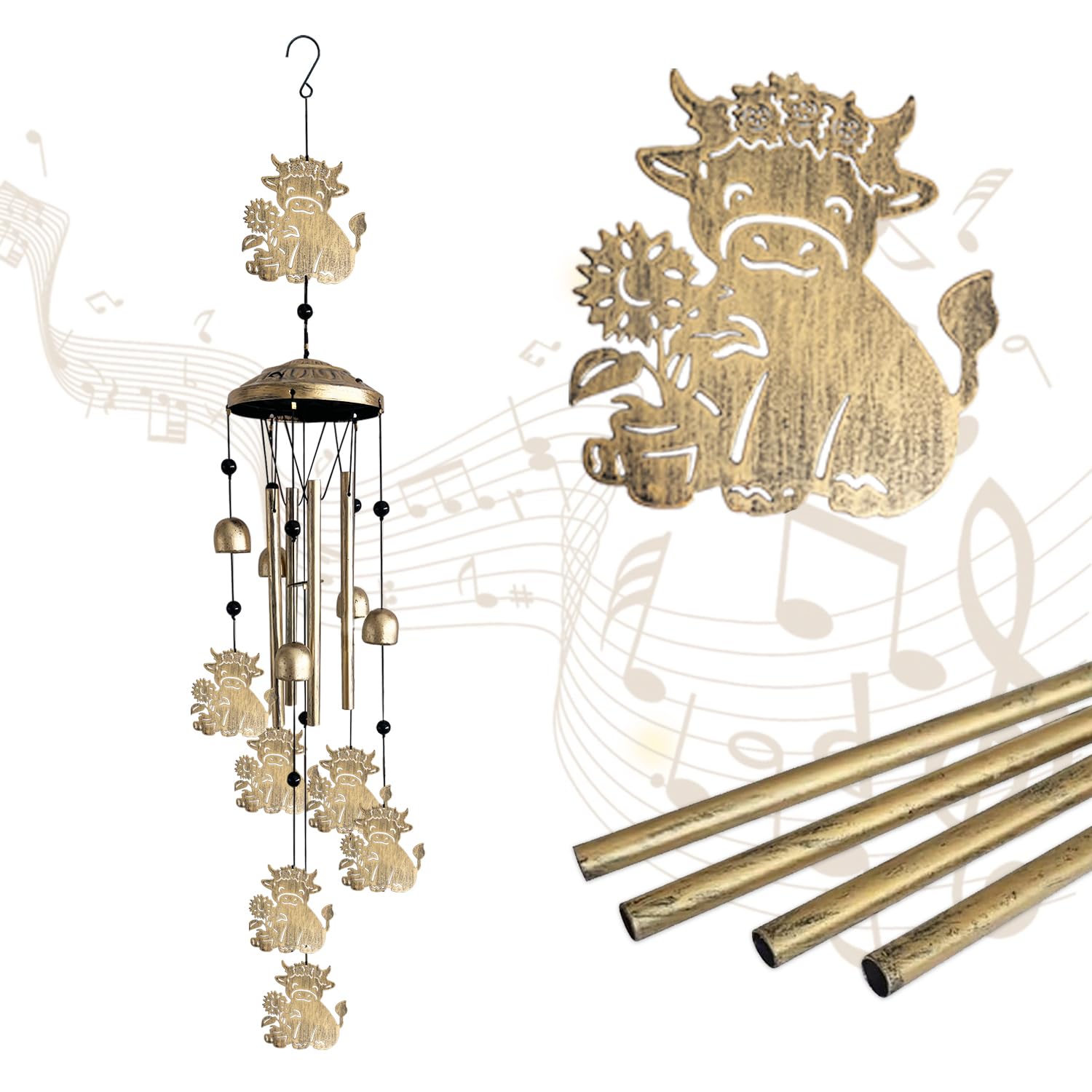 Highland Cow Wind Chimes for Garden - 42“ Large Metal Wind Chime Indoor Outdoor Decor,Animal Memorial WindChimes for Yard Patio Home Porch Decoration Housewarming Birthday,Cow Gifts for Women