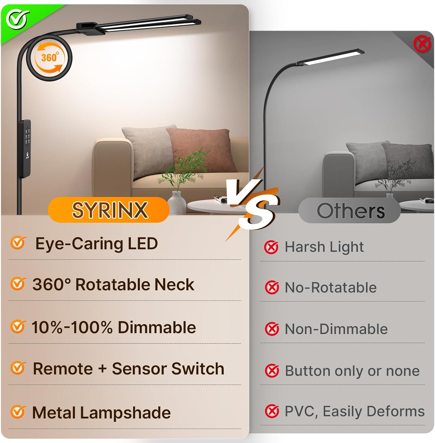 Syrinx LED Floor Lamp, 14W 2000LM Bright Floor Lamp for Office, Gesture & Remote Control, Dual Head Goose-Neck Standing Lamp, Dimmable Brightness & Color Temp, Eye Caring Reading Light for Living Room - Image 3