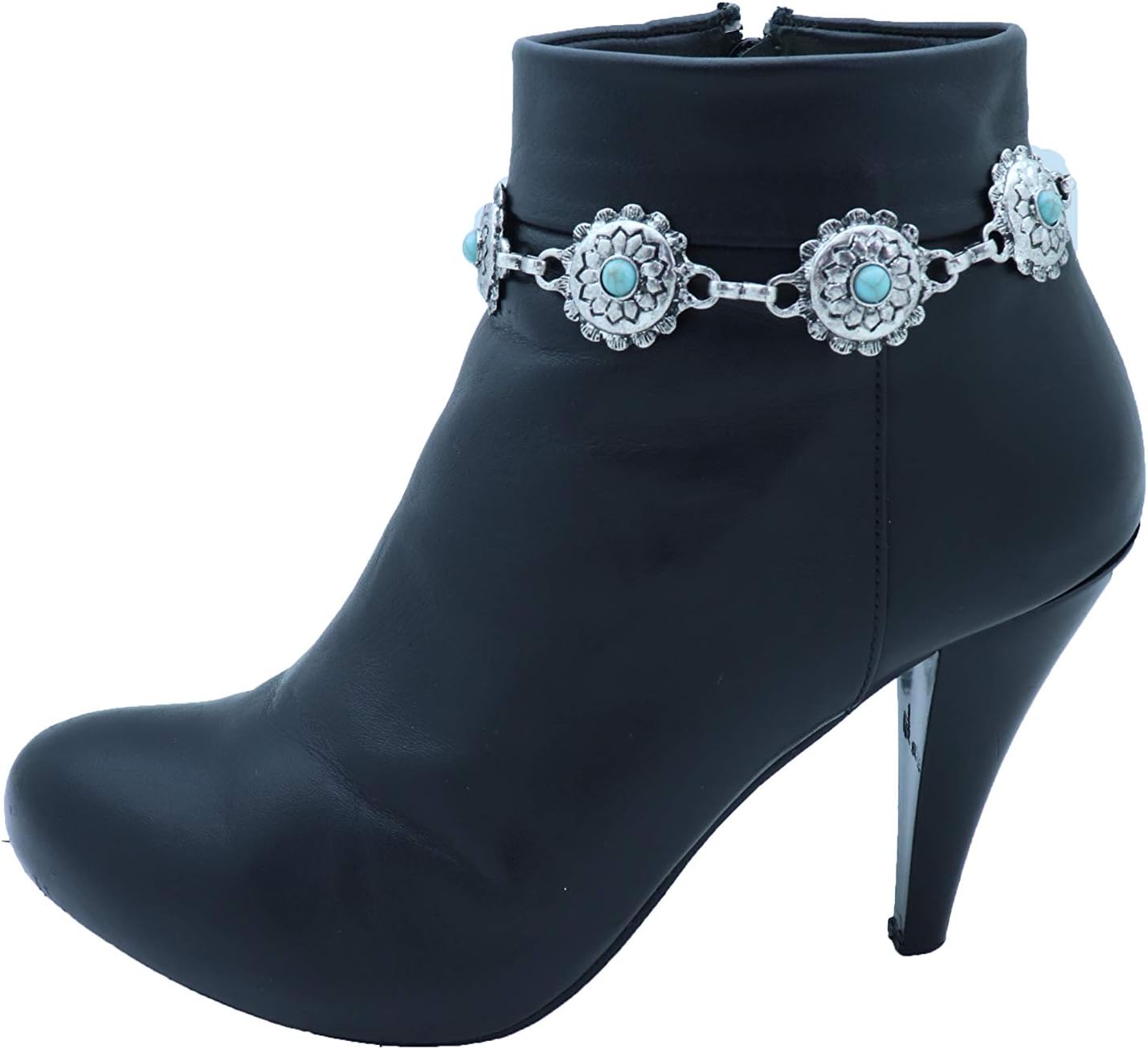 Women Western Fashion Jewelry Antique Metal Boot Chain Anklet Shoe Flower Charm Strap Turquoise Blue Bead