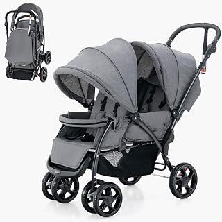 LIFEZEAL Carrito Gemelar, Silla de Paseo Doble Plegable para Gemelos, Cochecito de Viaje de 2 Plazas para Bebé con Ajuste de 3 Posiciones, Capacidad de carga 15+15 KG (Gris)