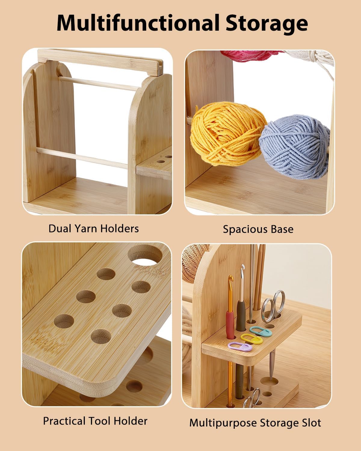 eZAKKA Double Yarn Holder with Phone Stand, Wooden Spinner for Knitting image 4