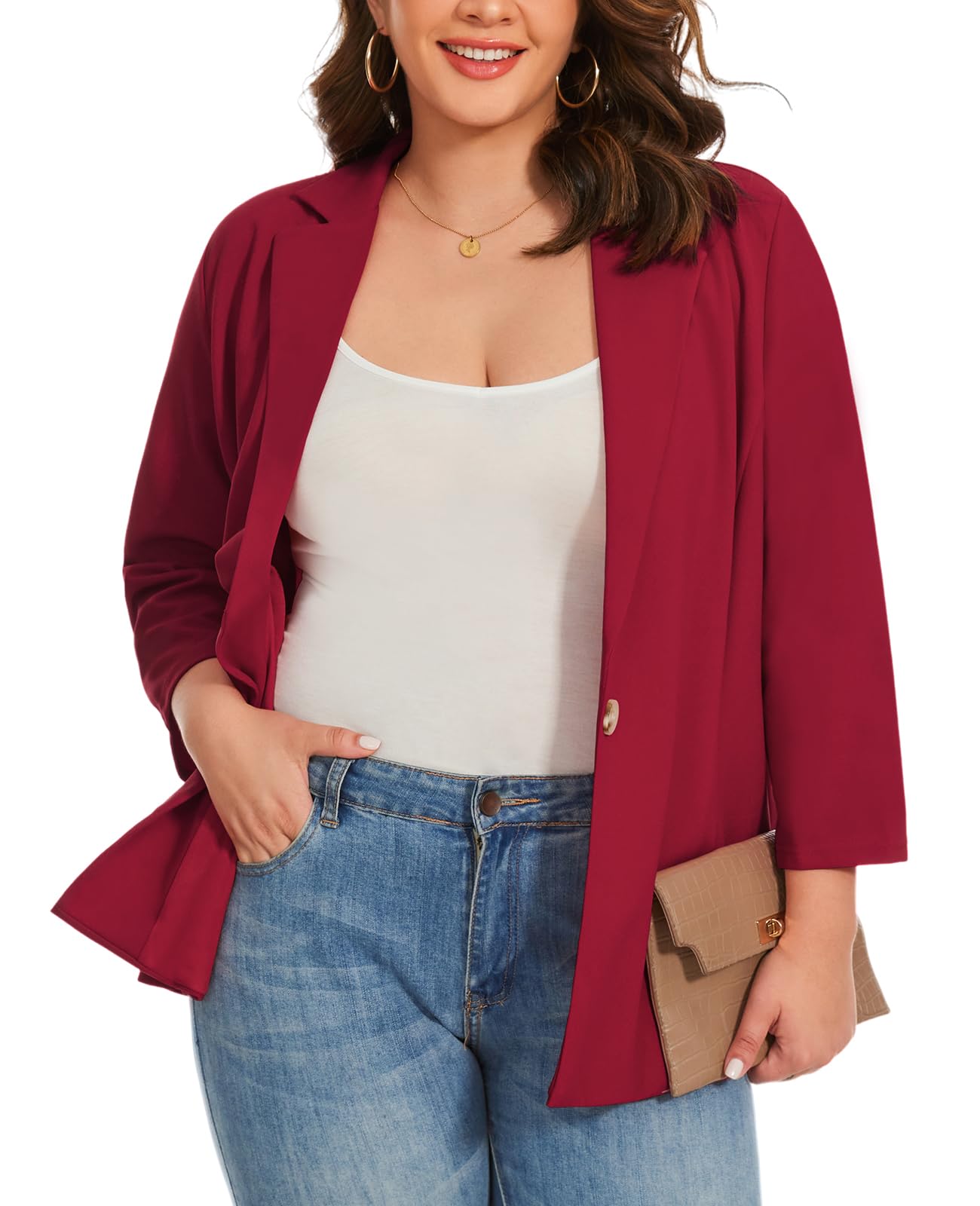 Womens Plus Size Blazer Jacket Business Casual 3 4 Ruched Sleeve Button Open Front Notch Lapel Blazers Pocket