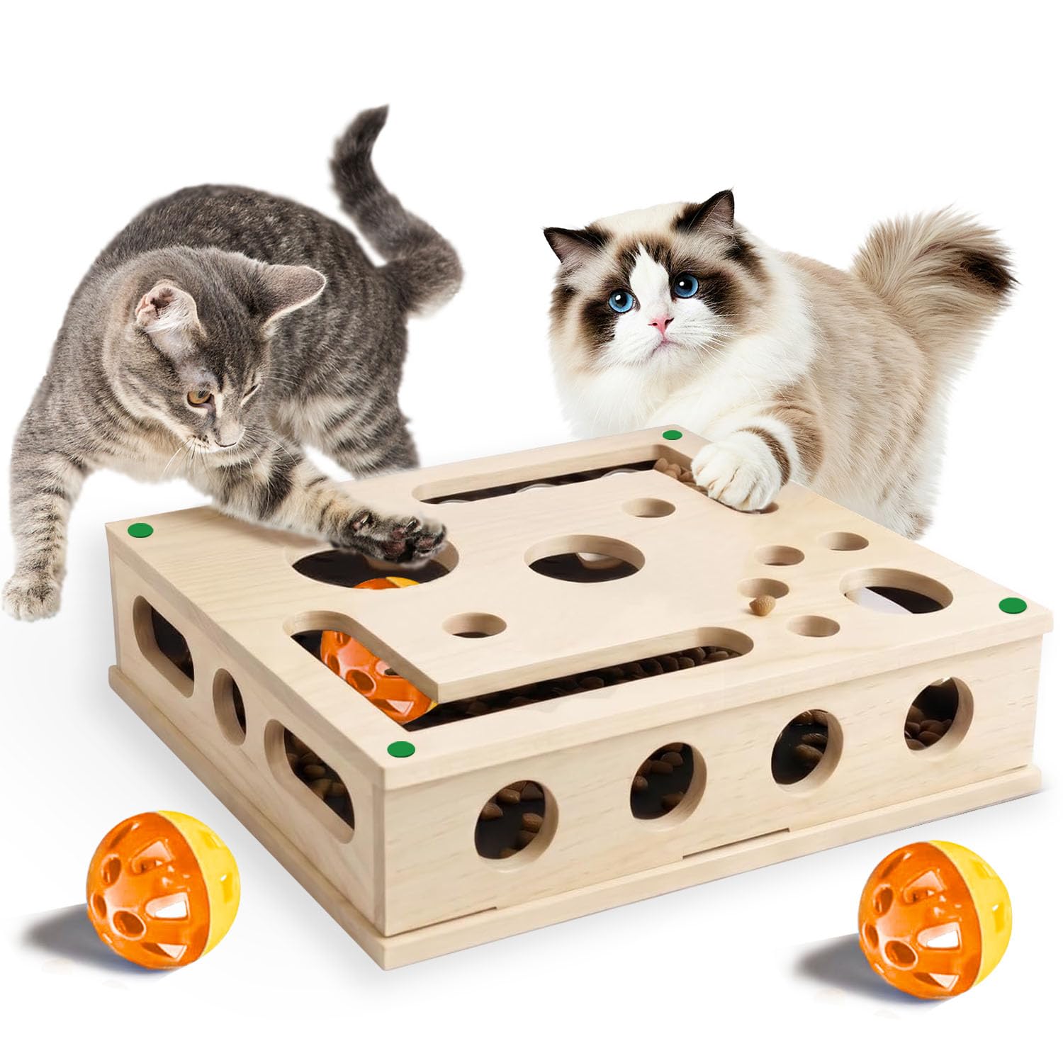 Cat Scratch Puzzle Enrichment Box, Interactive Cat Puzzle Toy with Sandpaper Inside & 3 Balls, Wood Cat Nail File Box Scratcher for Indoor Kitten Scratching
