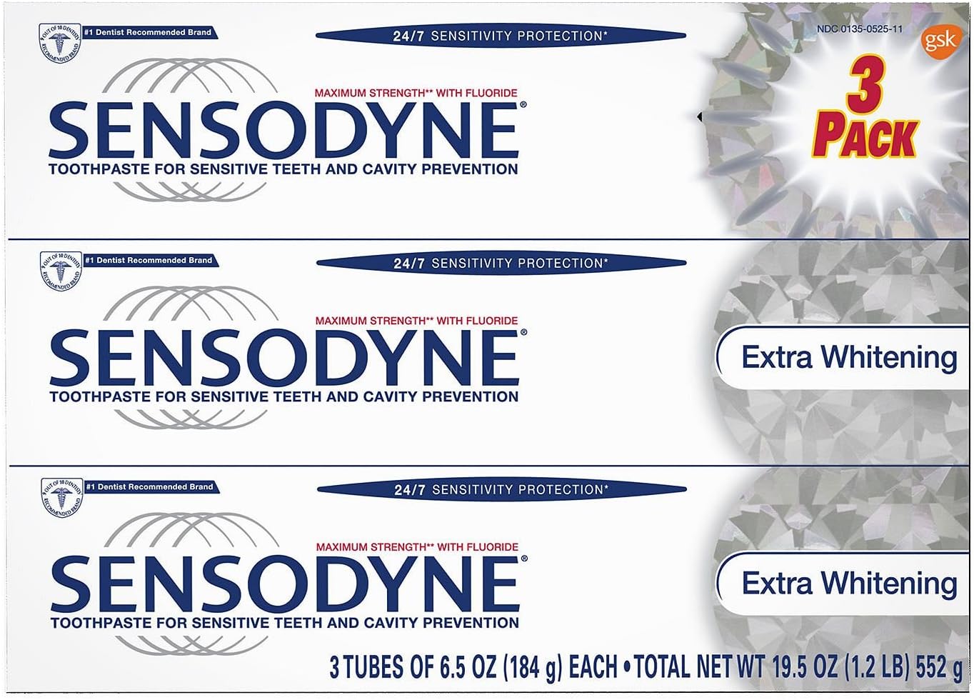 Sensodyne Toothpaste for Sensitive Teeth and Cavity Prevention, Maximum Strength Extra Whitening 6.5 oz (3 pack)