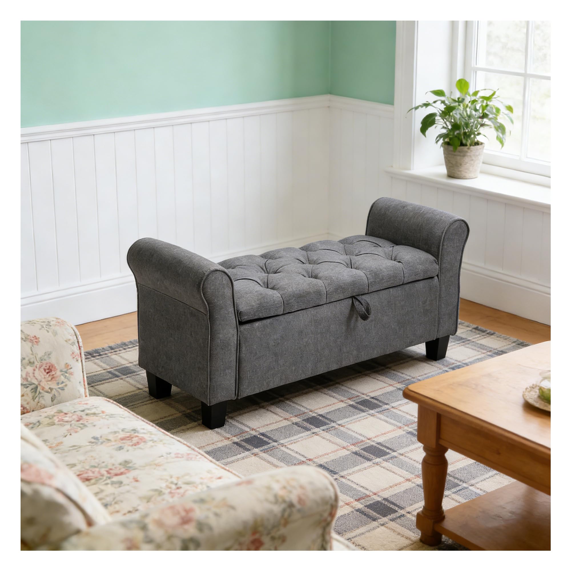 INMOZATA Linen Storage Bench with Armrests, Tufted Window Seat Bench, Grey Upholstered Storage Ottoman for Entryway, Living Room, Bedroom (Seating & Hidden Storage Space)