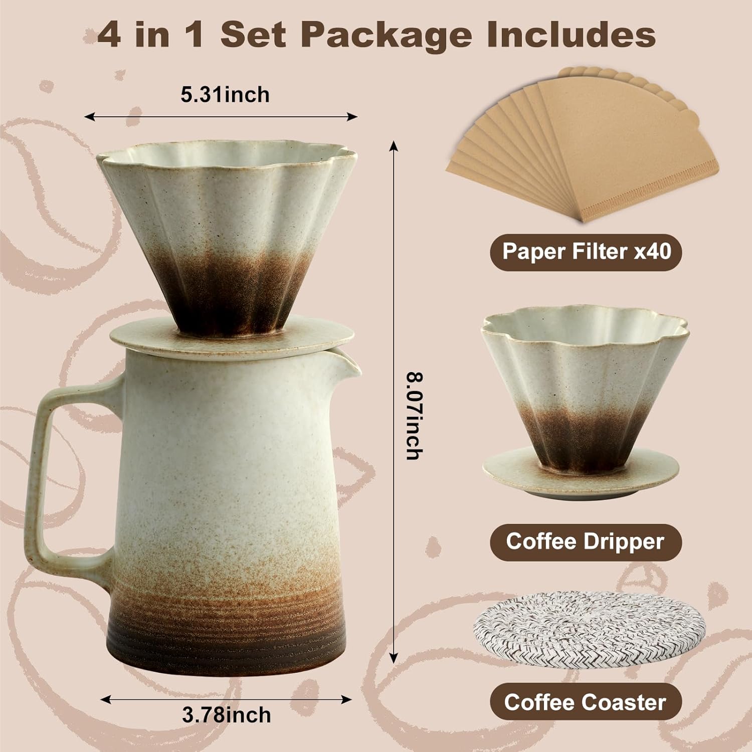 Pour Over Coffee Maker, Ceramic Coffee Dripper with 40pcs V02 Paper Filter & Coaster, 18.2oz/540ml Flower Shape Pour Over Coffee Filter set (Brown Gradient Set)