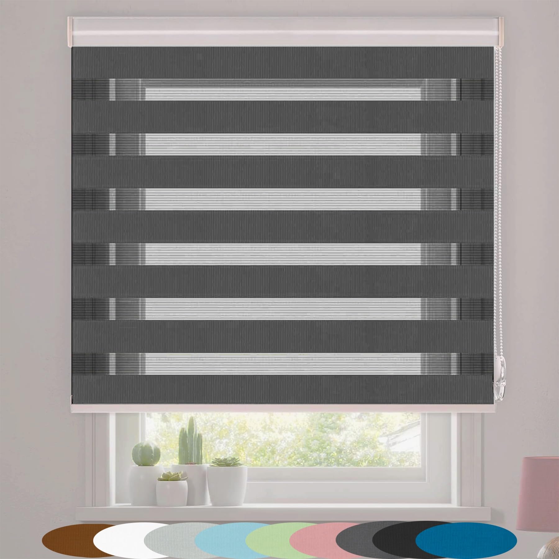 Zebra Roller Blinds 60 x 280 cm Plain Colored Uv-Resistant Double Layered Roller Blind Easy to Use with Install Accessories for Window and Door, Dark Grey