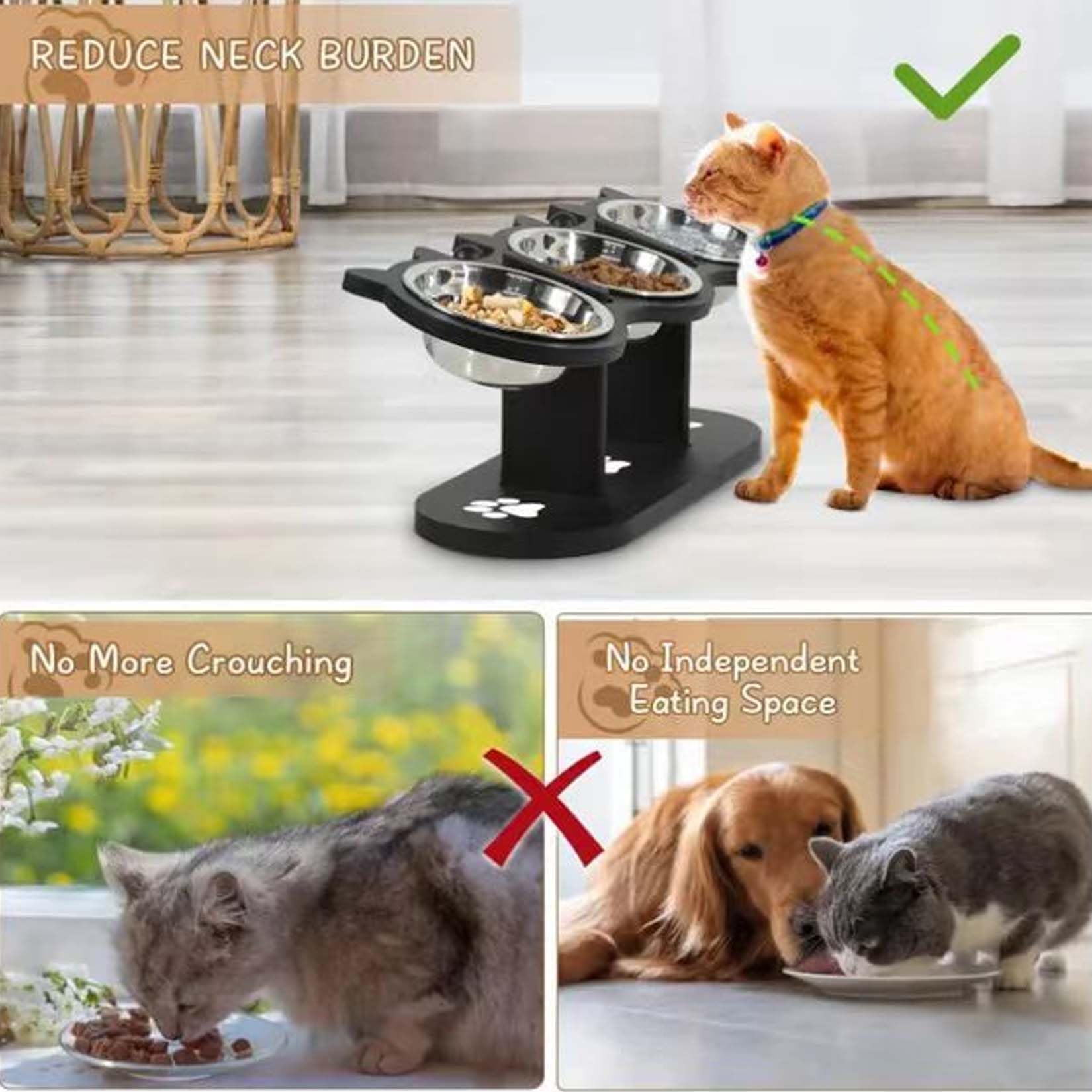 Rutschfester erhöhter Futternapf für Haustiere mit 3 Näpfen, Katzenfutterstation mit 3 Edelstahlnäpfen, 15° geneigte verstellbare Höhe Katzenfutter und Wassernapf mit Ablage, für alle Futternäpfe
