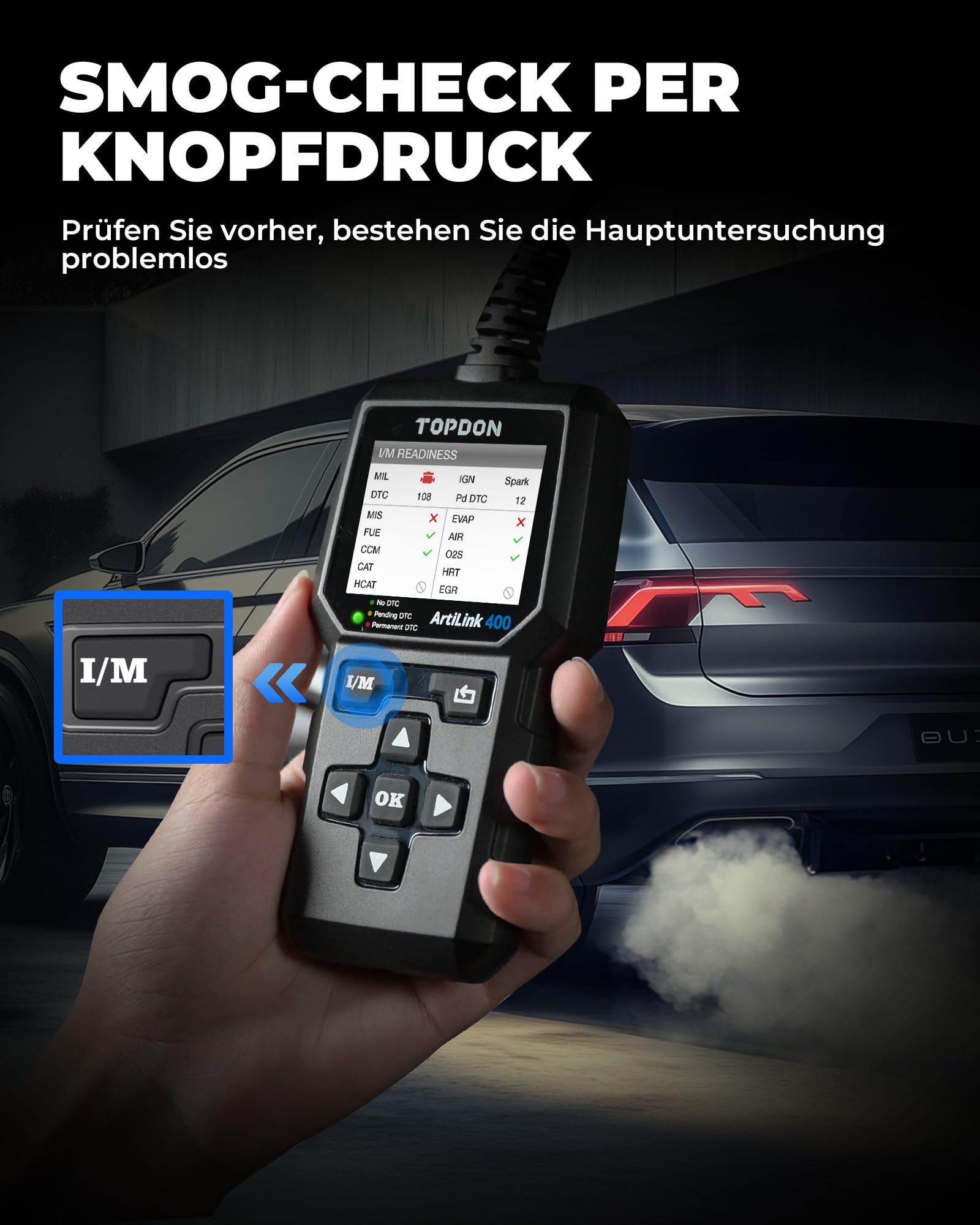 TOPDON AL400 OBD2 Diagnosegerät, 10 OBD2 Modi, One Touch I/M Bereitschaftstaste, 2,4 Zoll TFT Farbbildschirm, für EU Autos ab Baujahr 2000, lebenslange Updates