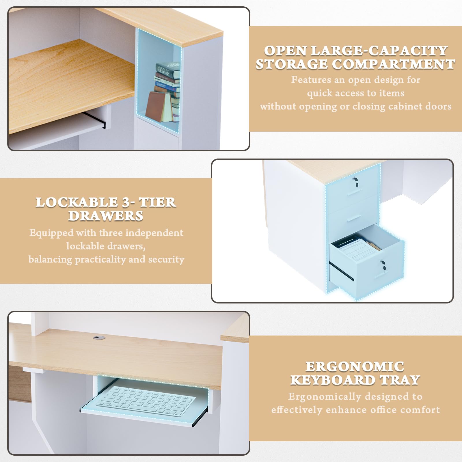 Escritorio de recepción grande de madera en forma de L, moderno mostrador de recepción con cajones con cerradura y bandeja de almacenamiento y teclado, para pagar, vestíbulo (madera natural izquierda