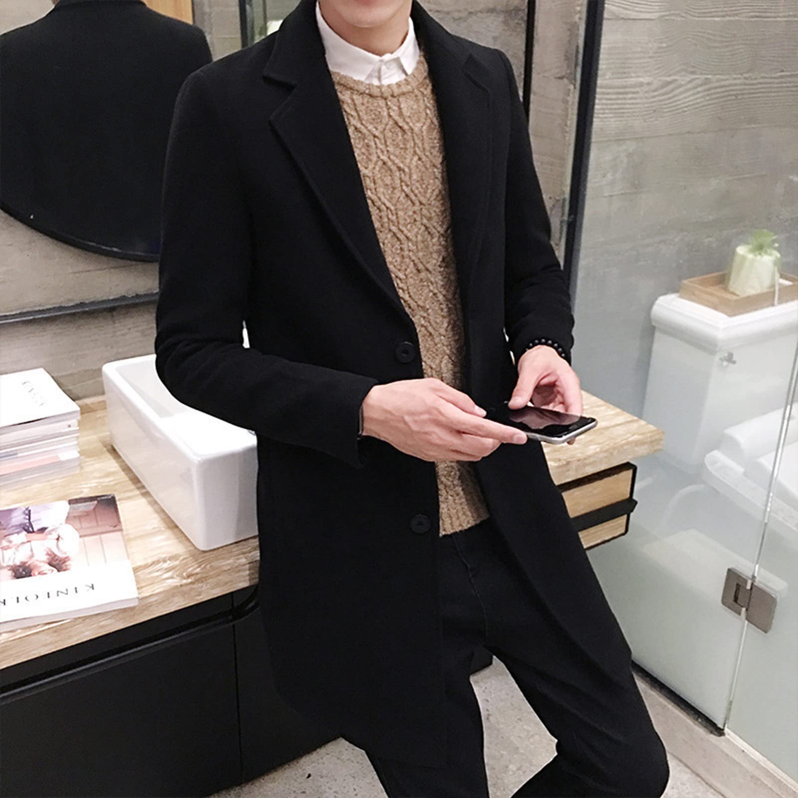 Homme Manteau Parka Laine Slim Classique Trench Mi-Longue Décontractée Duffle-Coats Veste Longue Classique Casual Outwear