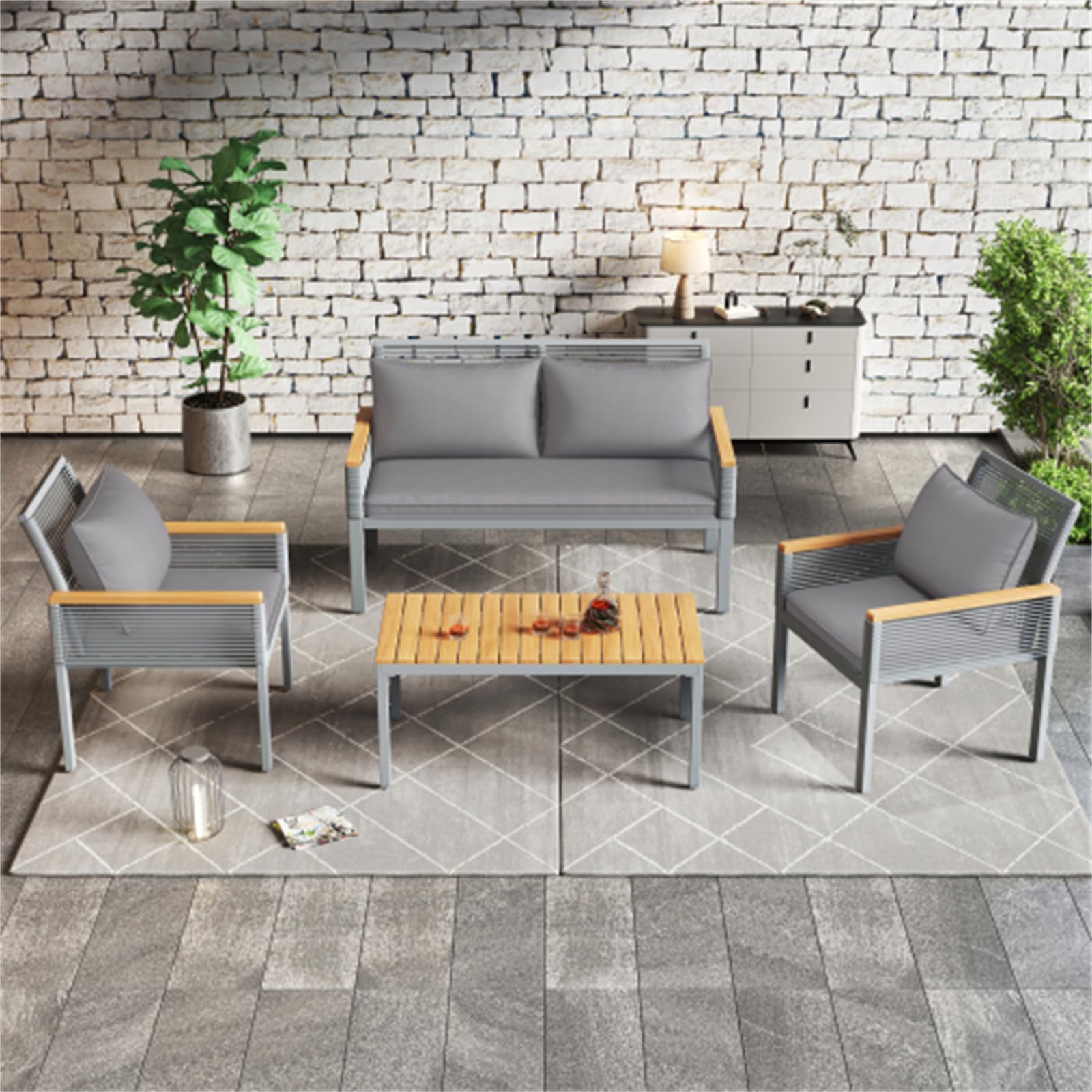 Juego De Salón De Jardín De Ratán Gris De Primera Calidad: Sofá Doble, 2 Sillas, Mesa, Cojines Cómodos, Muebles De Exterior Versátiles para Playa, Jardín, Patio, Balcón, Relajación Y Disfrute