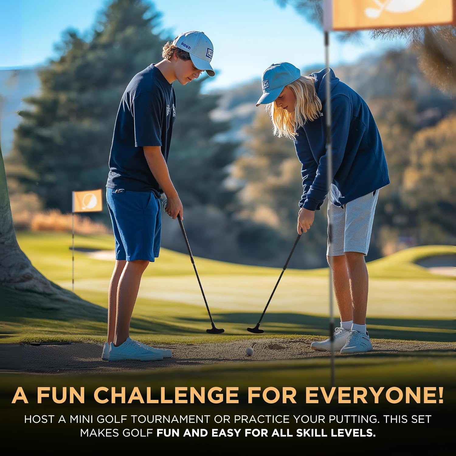 Golf & Mini Golf Complete Setup, 3X Pin Flags & Putting Green Hole Cups, 2X Adjustable Putters, Digger, Hole Cutter & More, for Grass Backyard, Beach, Driving Range Gift Set