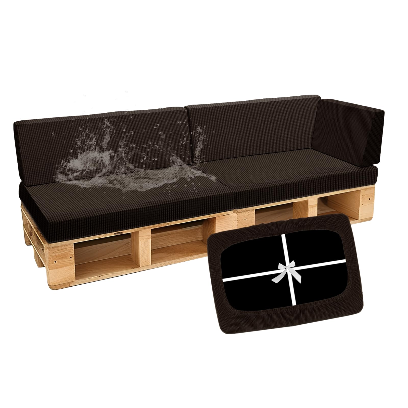 SYLC Waterproof Pallet Cushions Covers, Stretch Cover for Pallet Furniture Cushions with 4 Ties, Outdoor Corner Sofa Covers for Rattan Patio Garden Caravan (Coffee,5 PCS(2 Seats+3 Backs))