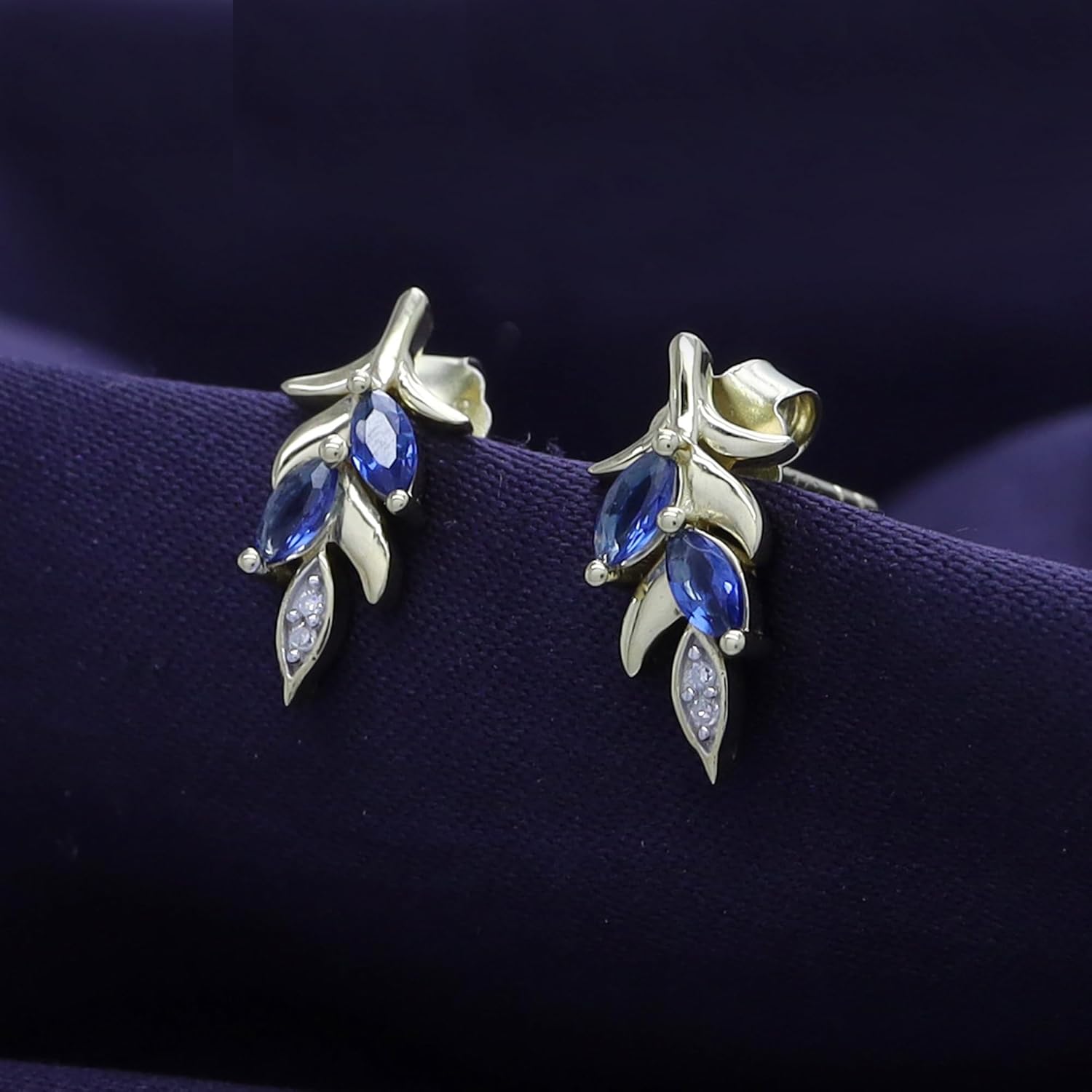 Marquise Cut Simulated Birthstone & Diamond Accent Wheat Leaf Drop Post Earrings for women In 14K Gold Over Sterling Silver