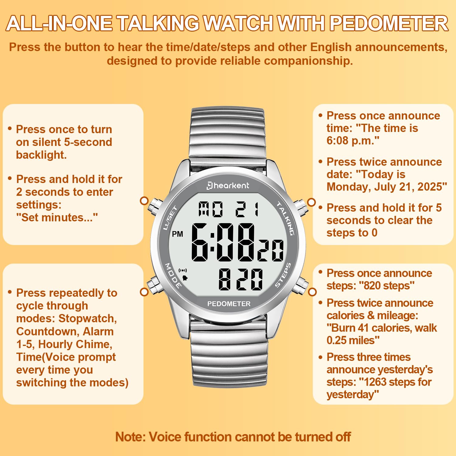 Hearkent Orologio digitale parlante con contapassi, tempo di conversazione, data, passi, calorie in inglese, 5 sveglie, retroilluminazione EL, numeri grandi LCD, senza Bluetooth, per anziani/ciechi