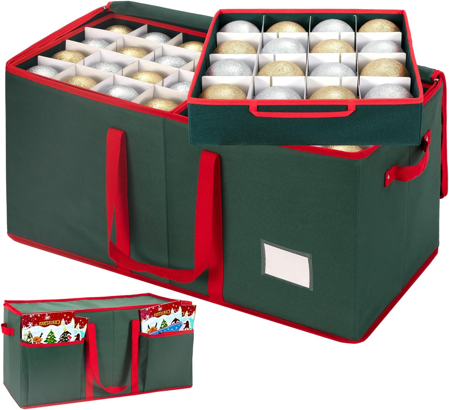 ININ Christmas Ornament Storage Box with Adjustable Dividers,Christmas Ornaments Organizer with Zippered Top,Storage Container Bin with Side Pockets for Holiday Decorations(128 Ball, Green, with Tray)