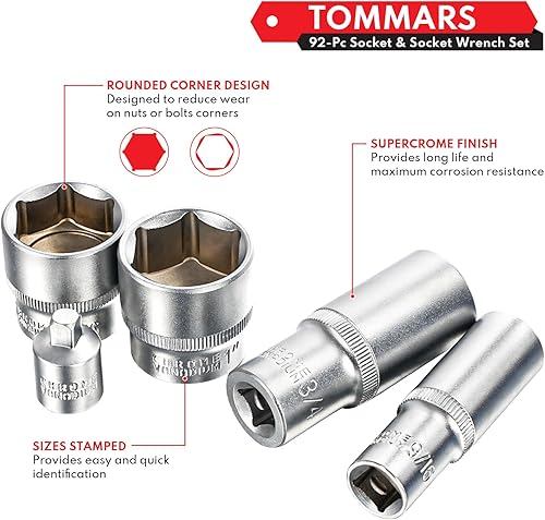 Miniatura 6 de TOMMARS Juego de caja de herramientas mecánicas automotriz, 92 piezas de 14 pulgadas y 38 pulgadas, kit de herramientas manuales SAE Mechanics con