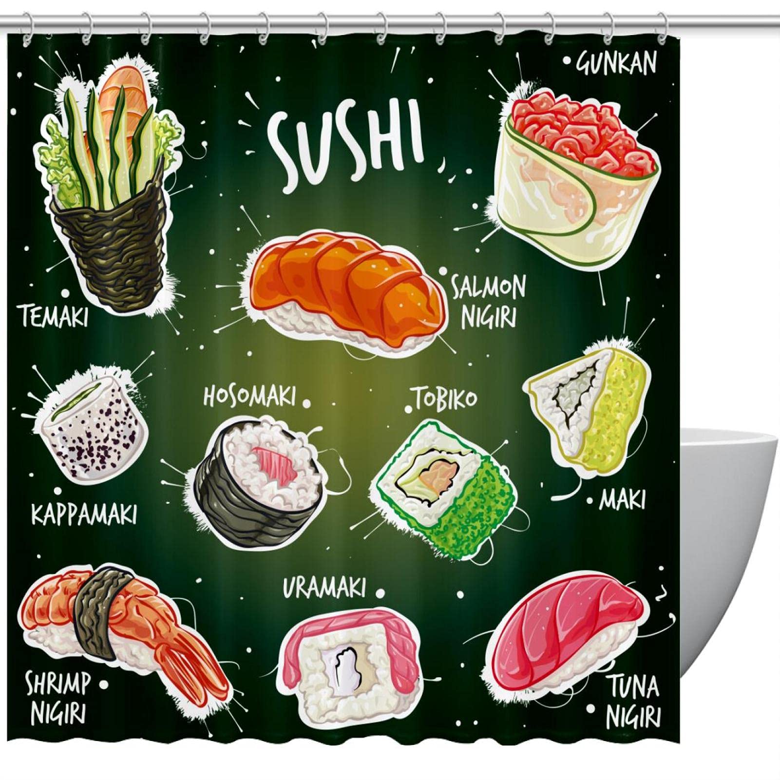 Rideau de douche vert sushi japonais 168x183cm avec 12 crochets