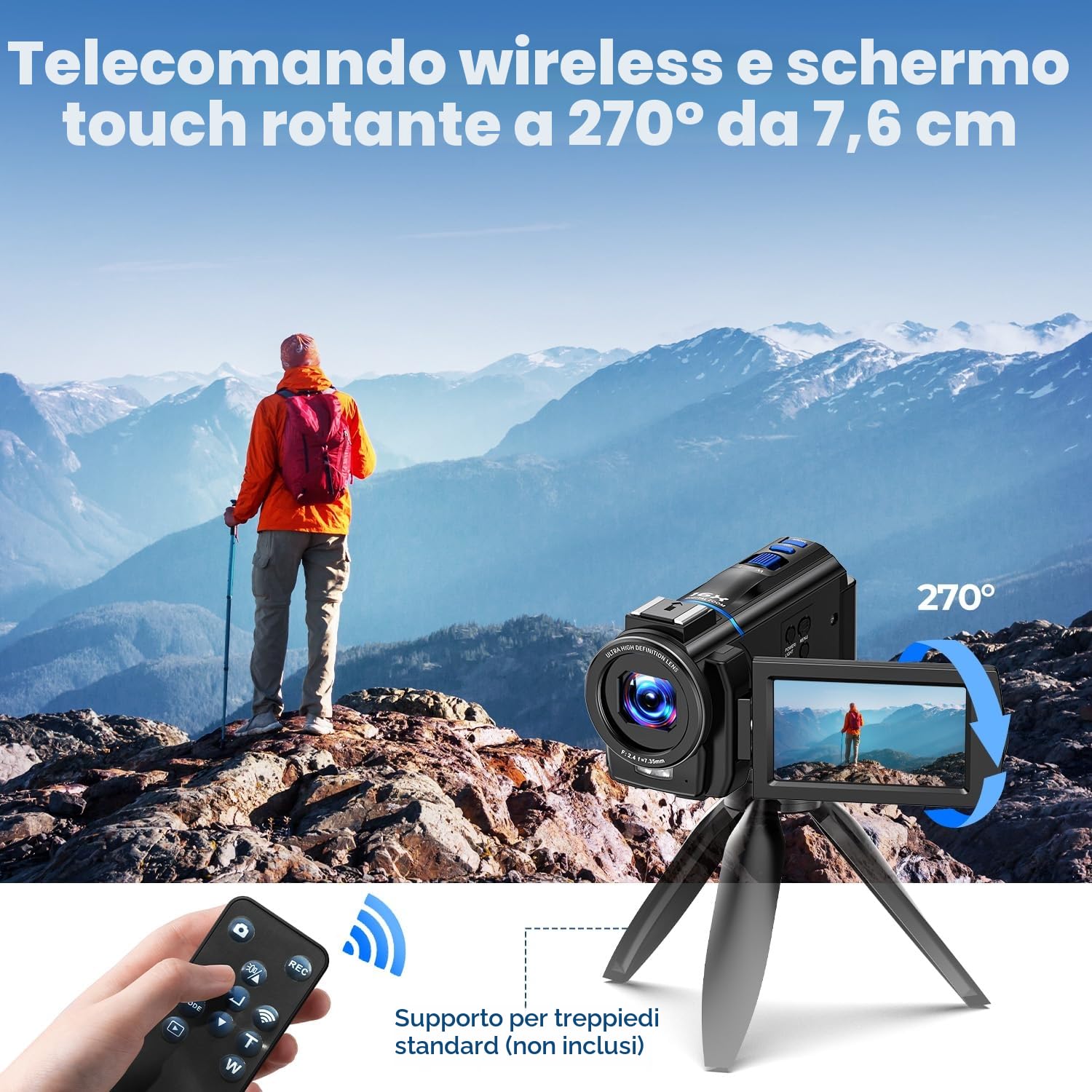 Videocamera 4K 48MP Camcorder 16X zoom digitale IR Videoregistratore per visione notturna 3" 270° Touch Screen Video Camera Vlog Camera per Youtube con scheda SD da 32 GB, Telecomando, Batteria