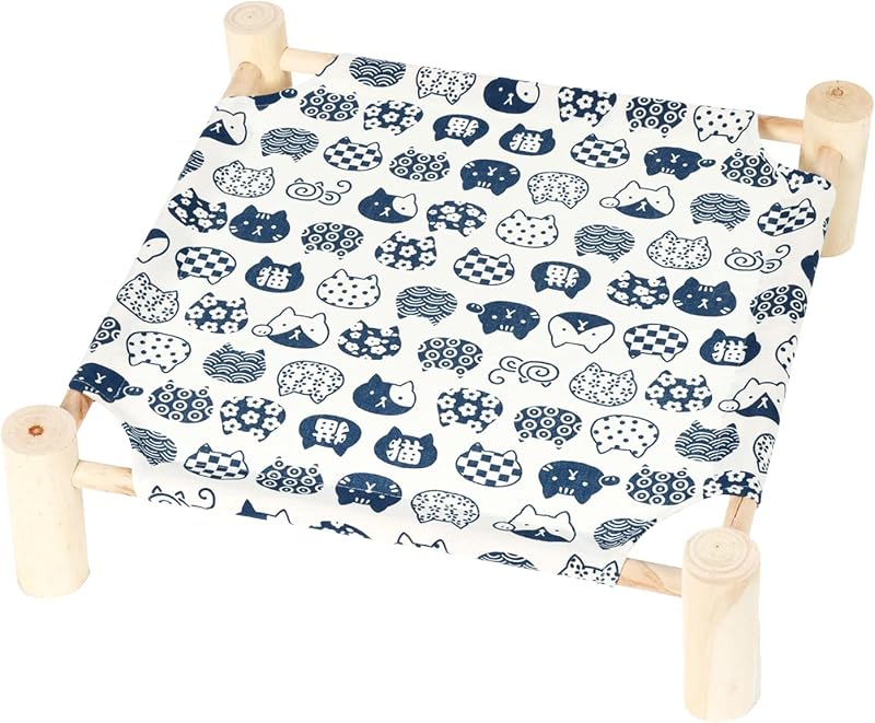 Cama Suspensa para Gatos e Pequenos Animais em Linho com Estrutura de Madeira Natural Branca Patas Lague 48,26 x 48,26 x 12,7 cm